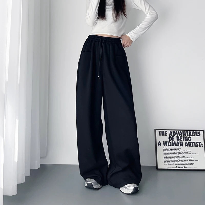 大码显瘦宽松黑色阔腿裤女秋冬季新款胖mm松弛感软糯垂感运动卫裤