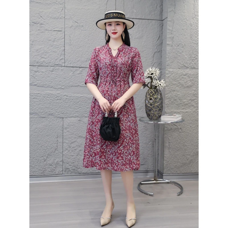 2025时尚妈妈装连衣裙显瘦气质收腰夏季宽松大码碎花温柔连衣裙