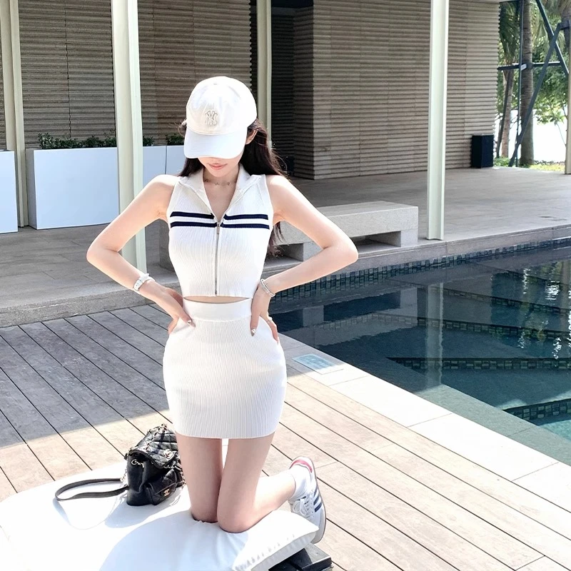 运动套装夏季针织美式高尔夫polo领修身背心上衣+包臀半裙两件套