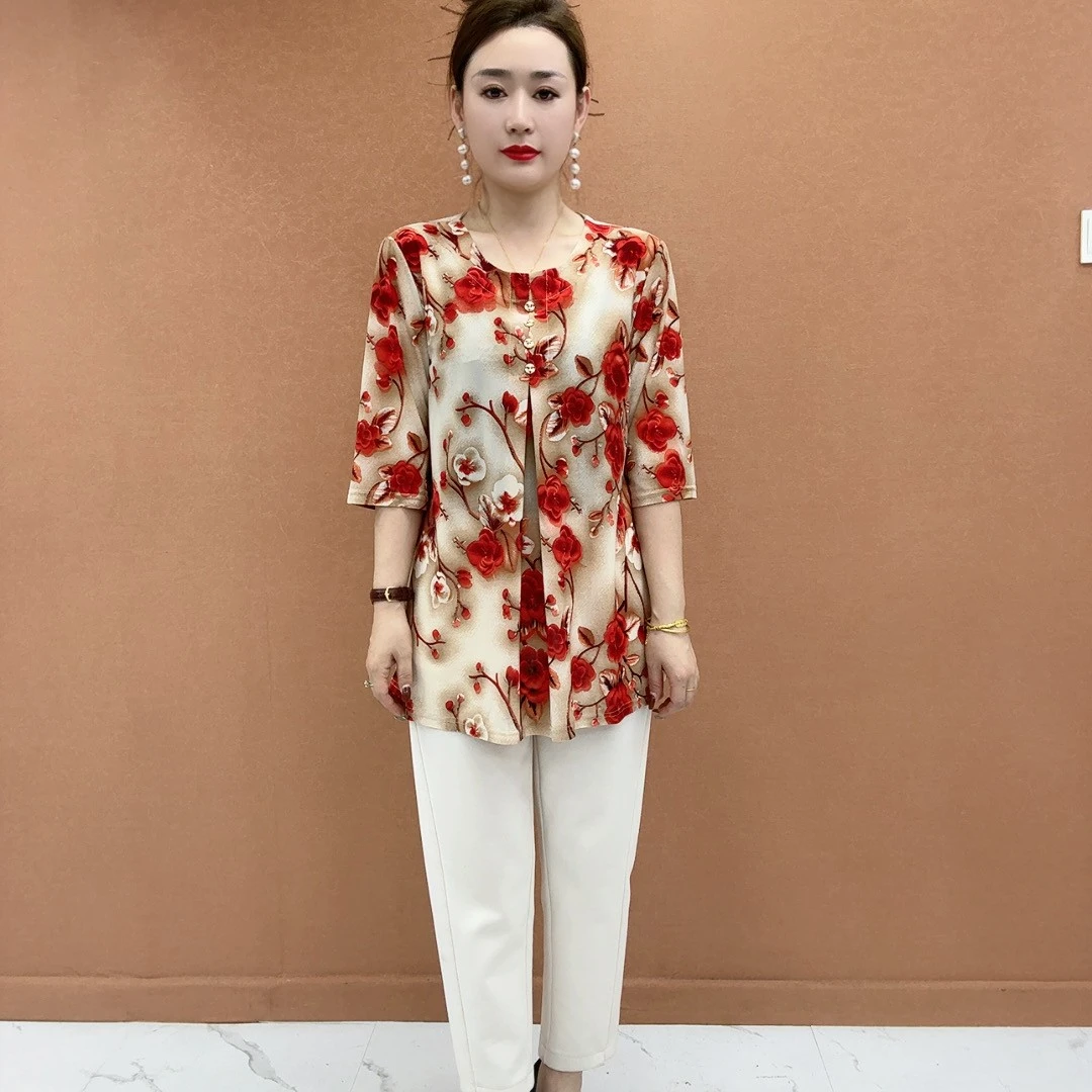 98-200码遮肚子妈妈风洋气圆领冰丝中长款中裤中老年女装显瘦碎花