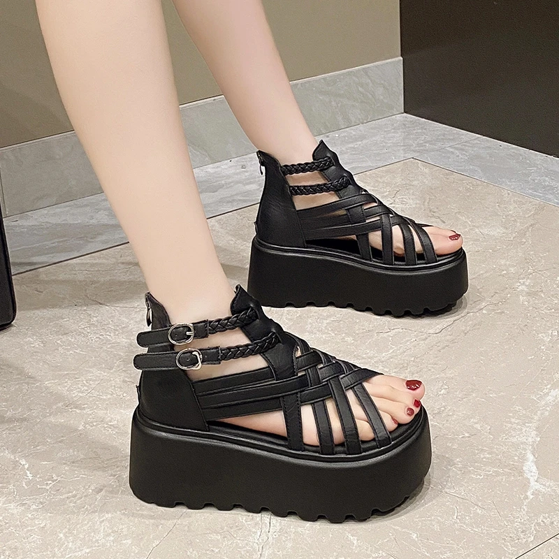 高级感厚底增高凉鞋女夏款凉靴2025新款休闲时尚编织镂空罗马凉鞋