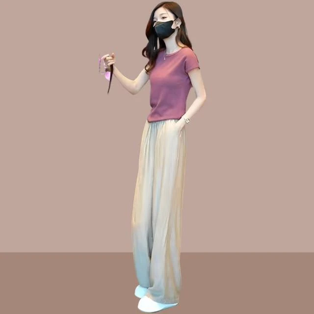 多巴胺休闲运动夏装搭配一整套2025时尚气质短袖t恤冰丝阔腿裤子