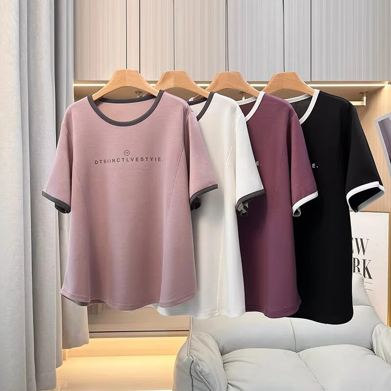 大码2025新款正肩棉撞色短袖T恤女时尚百搭减龄显瘦打底衫夏季
