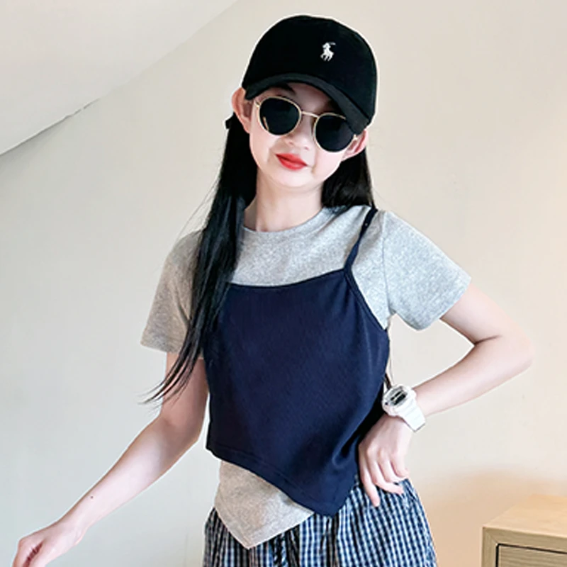 女童2025新款夏装短袖t儿童休闲吊带休闲洋气上衣中大童真两件T恤