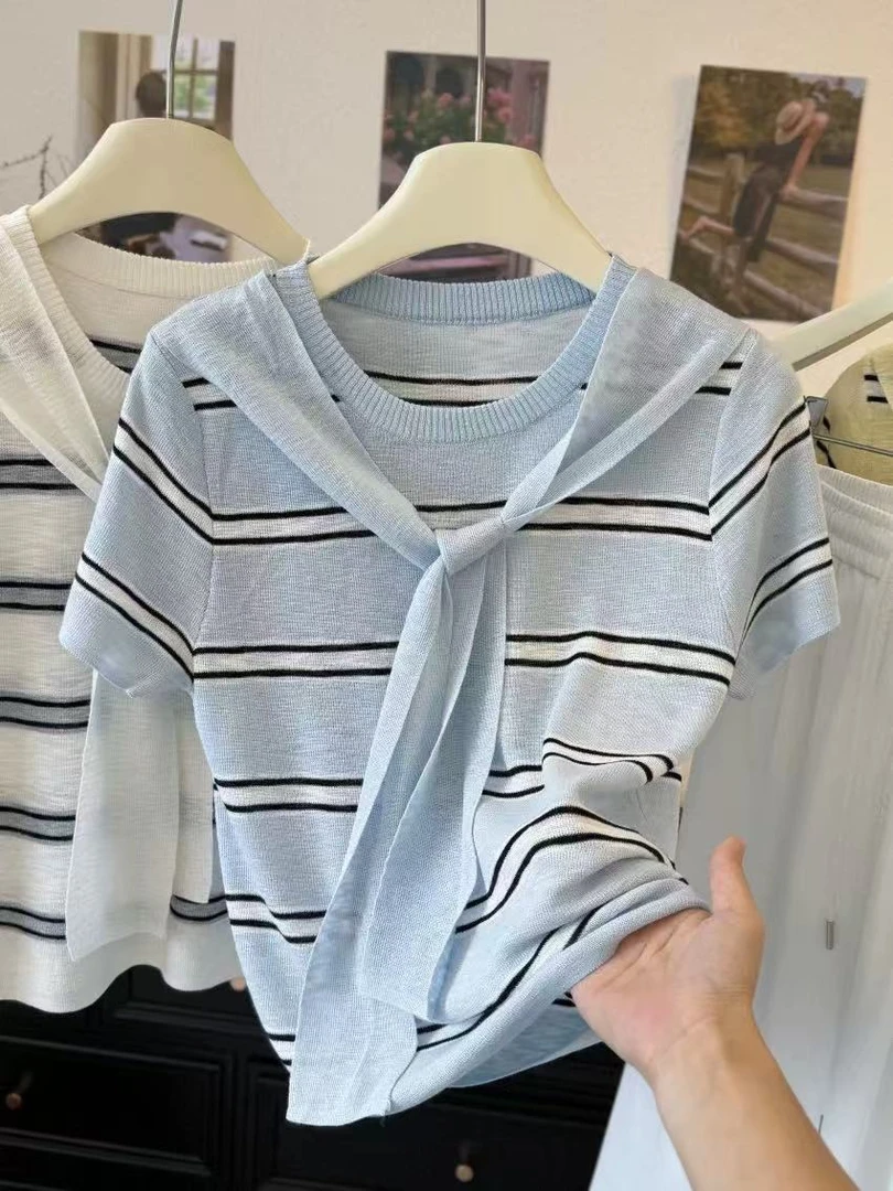 夏季设计感条纹圆领短袖冰丝针织上衣女士拼接披肩通勤显瘦5100