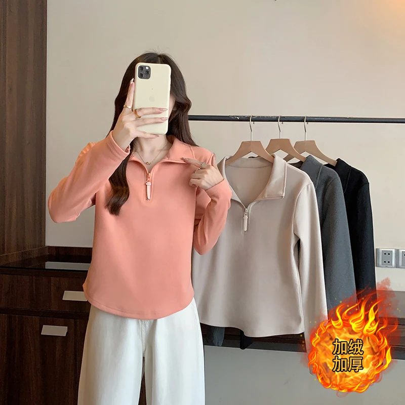 大码女装遮肚子显瘦T恤女秋冬款胖mm加绒加厚半拉链polo领打底衫
