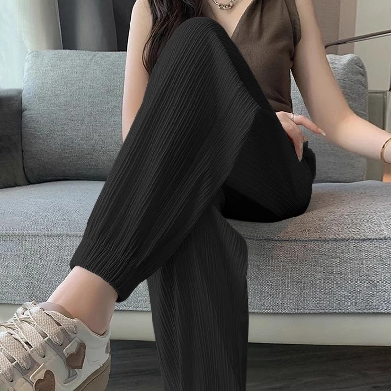 2025夏季新款冰丝运动裤女薄款高腰束脚裤宽松休闲垂感九分灯笼裤