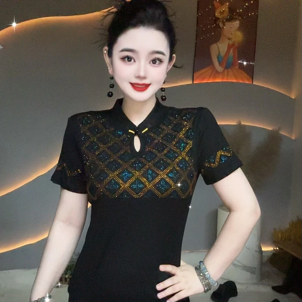 【高级格子】新中式国风旗袍领爆款洋气重工短袖打底衫女3134