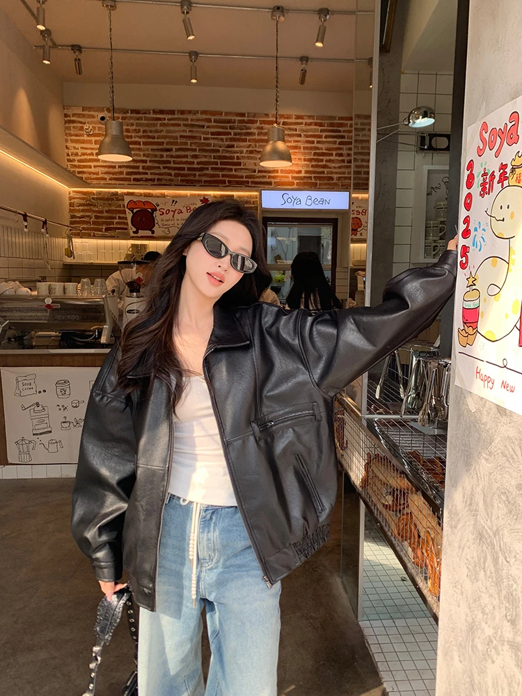 黑色美式复古pu皮外套女春秋新款高级感气质宽松机车皮夹克皮衣