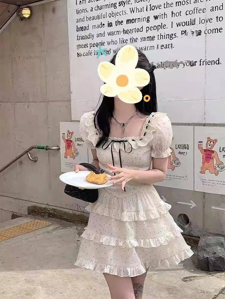 法式甜美温柔风波点蛋糕蓬蓬长裙女夏季生日礼服收腰显瘦连衣裙
