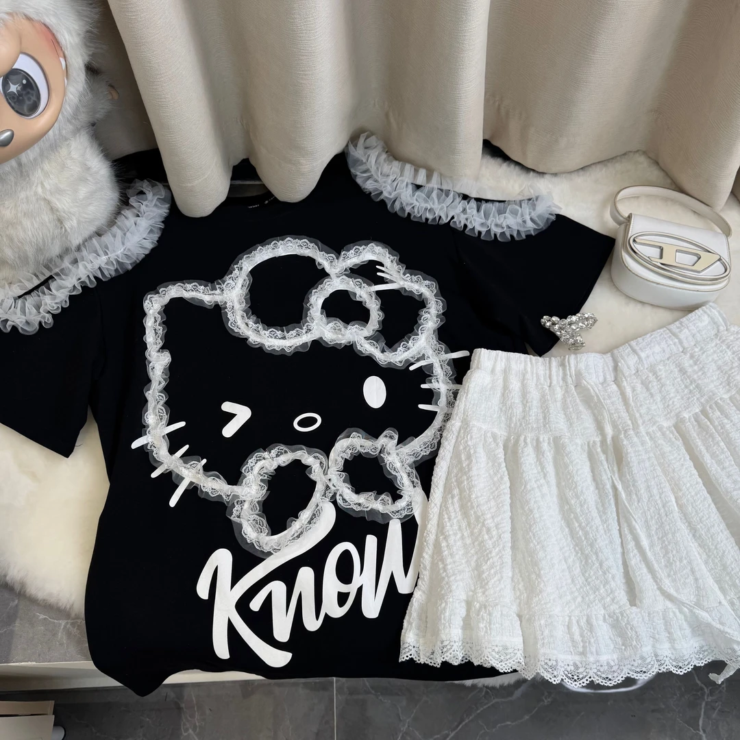 2025夏季新款卡通kt猫花边露肩短袖T恤女宽松休闲减龄上衣