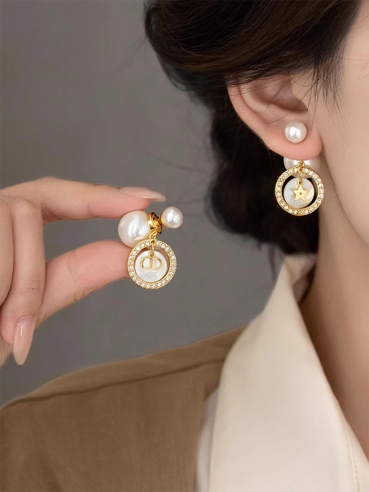 铜合金耳饰  法式优雅气质前后珠珠耳环女精致锆石镶嵌名媛风耳钉