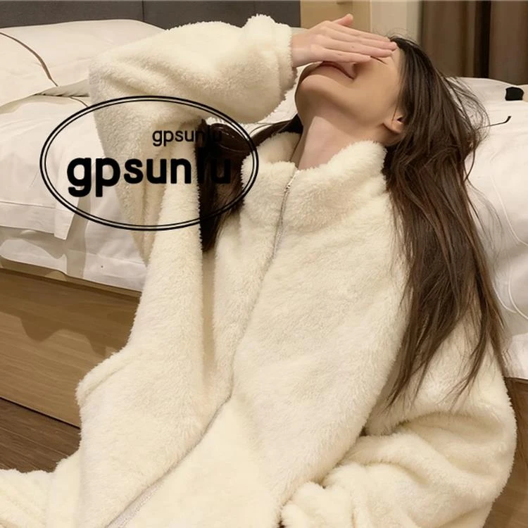 日本GP简约拉炼珊瑚绒睡衣女秋冬季加绒加厚韩版可外穿家居服套装