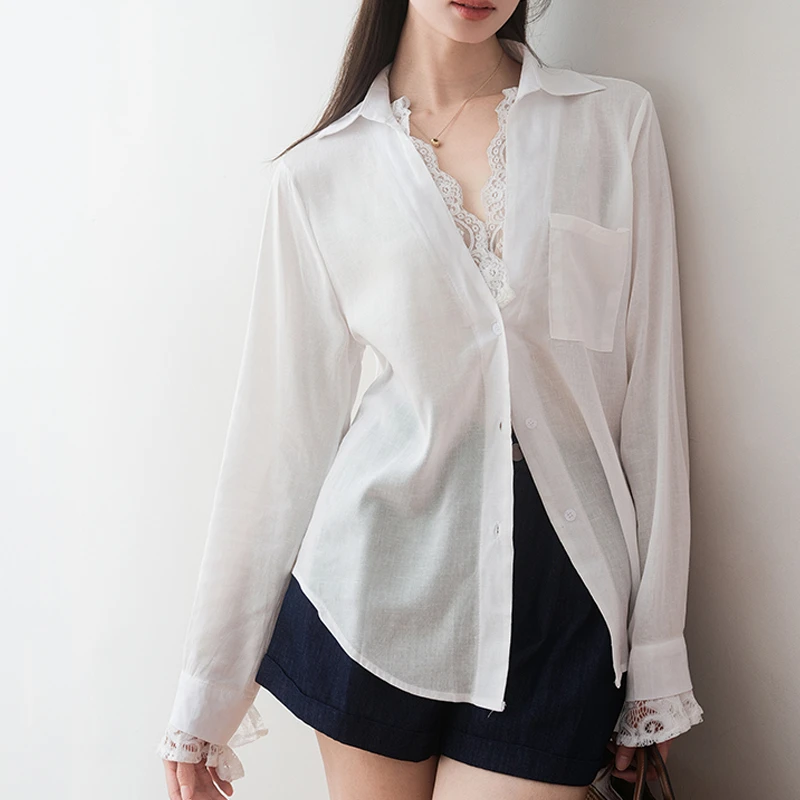 SS57法式V领蕾丝拼接衬衫女早春穿搭气质宽松衬衣绝美上衣