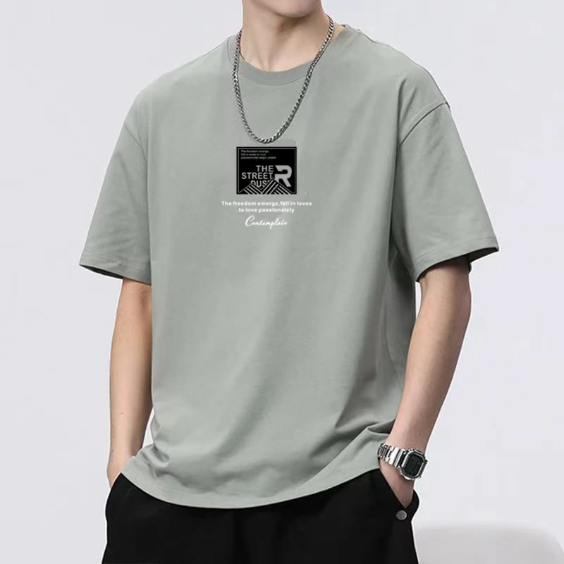 纯棉男士短袖T恤新款圆领潮流印花半袖夏季休闲百搭青少年打底衫