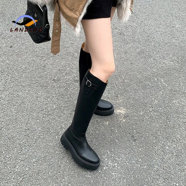 LANDCOE港澳风厚底增高长筒靴女英伦风小个子骑士靴侧拉链皮带扣
