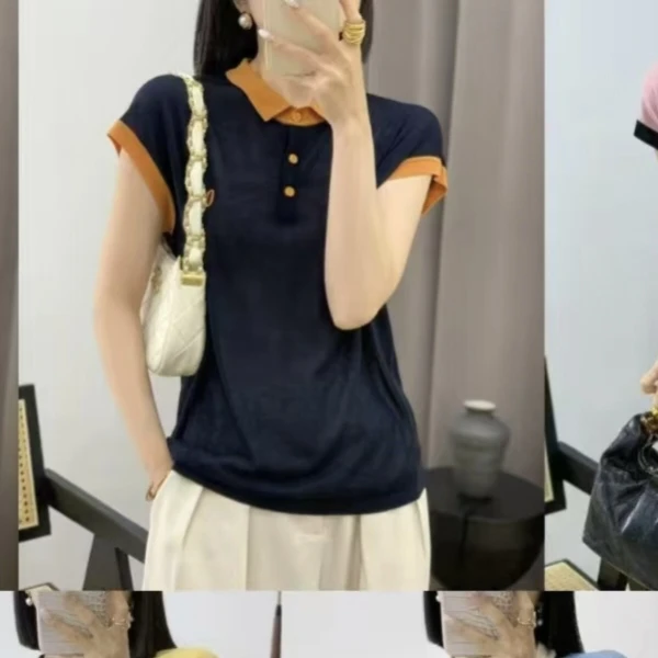 【天丝系列】夏季薄款短袖字母女拼色时尚气质显瘦韩版潮流休闲