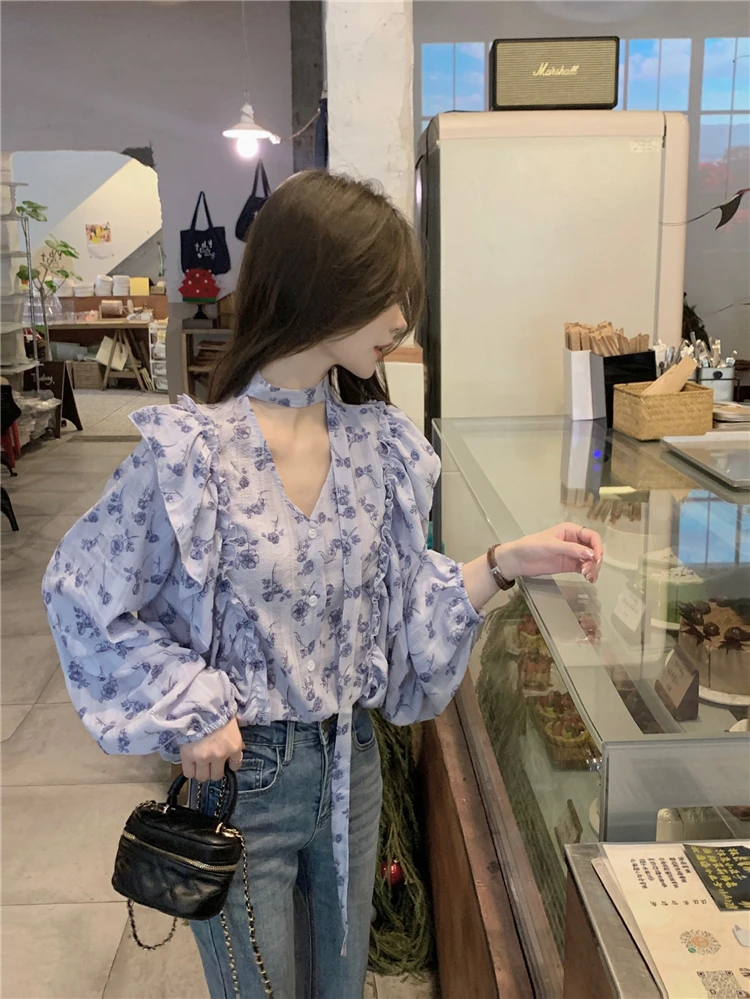 法式长袖系带荷叶边印花碎花衬衫衬衣别致短款港风洋气设计感小众