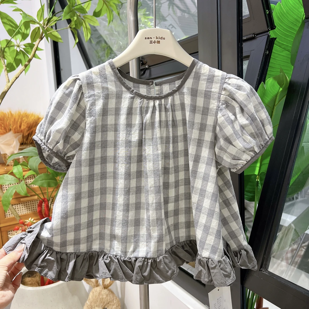 【夏款 娃娃衫】25803（格子灰） 女童韩版 泡泡袖 格子短袖娃娃衫