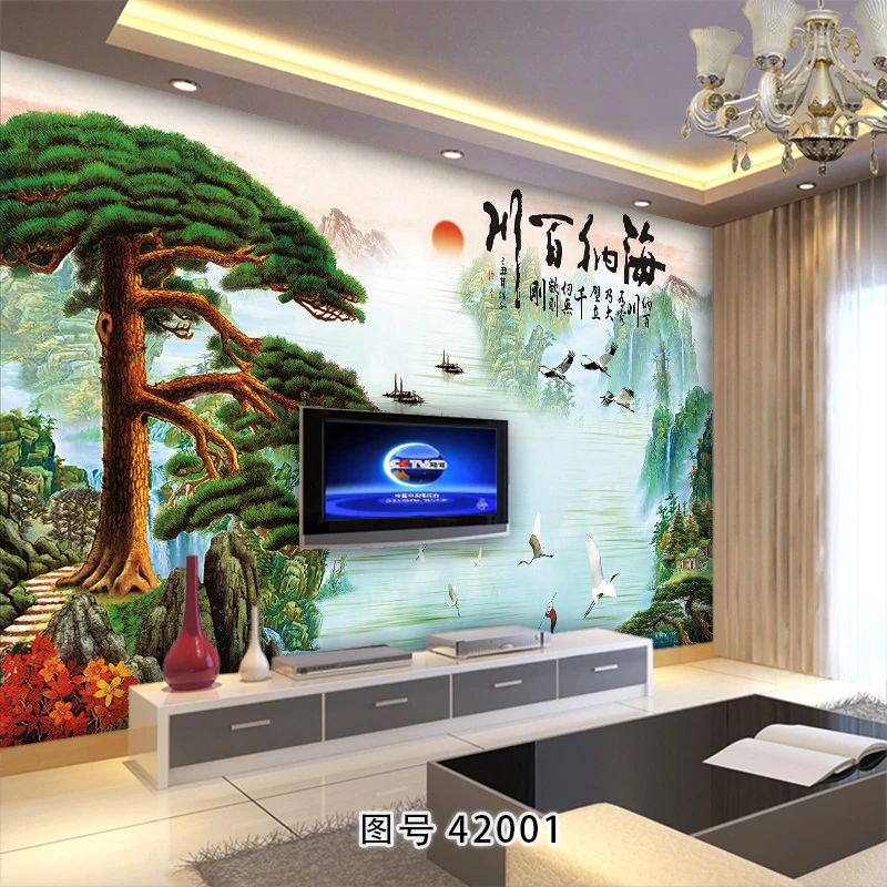 海纳百川迎客松山水国画办公室中式客厅靠山3d背景墙定制壁纸画布
