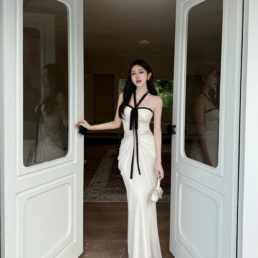 气质纯欲女神挂脖蕾丝拼接礼服长裙性感修身增胯露背宴会生日长裙