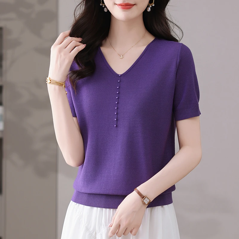 2025新款夏季女装V领显瘦气质洋气时尚百搭薄款宽松77130