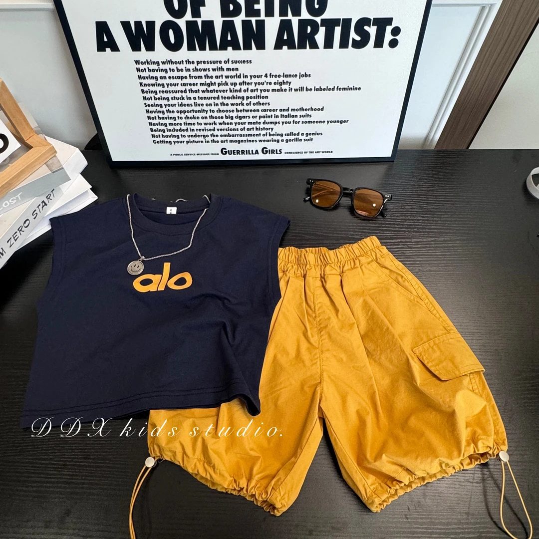 黄色套装2025新款韩国童装时尚无袖工装五分裤儿童两件套