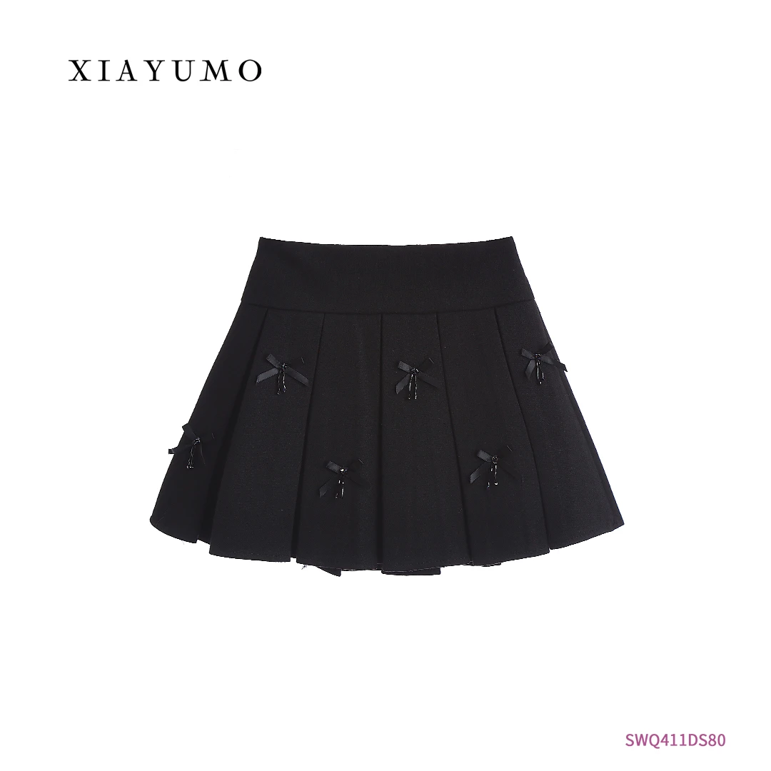 夏羽墨女童黑色手工蝴蝶结百褶裙学院风气质休闲百搭半裙夏季新款