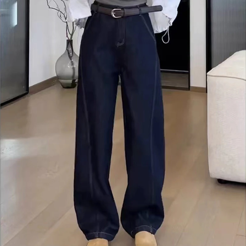 深蓝色窄版阔腿牛仔裤女款2025秋季大码胖MM高腰显瘦休闲直筒长裤