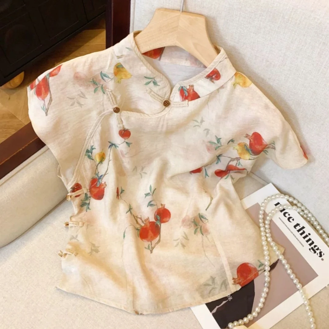 新中式碎花衬衫2024夏季国风斜襟盘扣坎肩小衫改良旗袍领小上睡衣