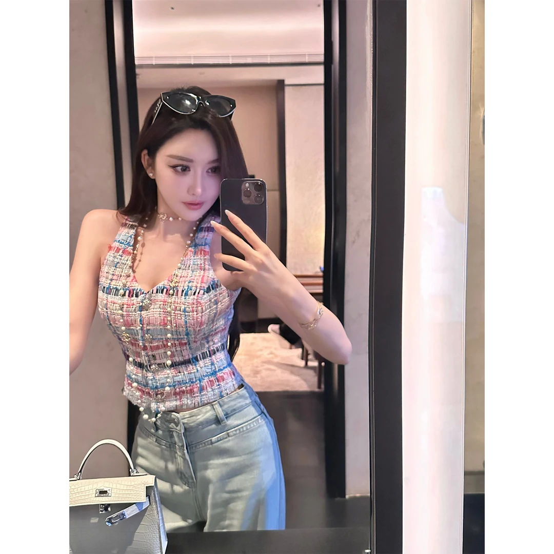 SX善喜法式小香编织马甲背心女V领修身显瘦气质甜美高级无袖上衣