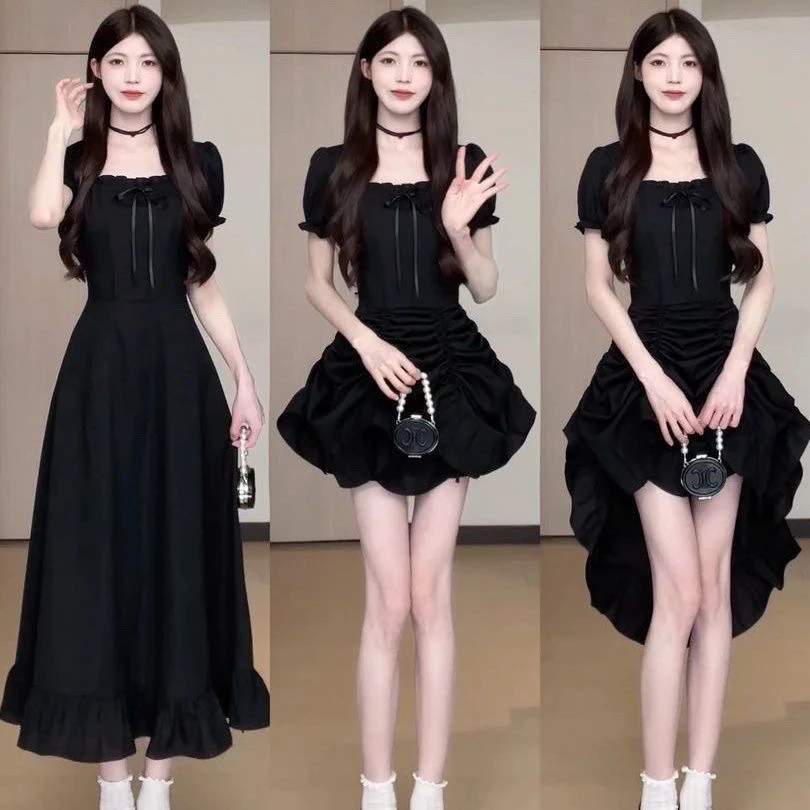 新款爆款方领设计感温柔设计纯色长裙气质感收腰显瘦百变连衣裙