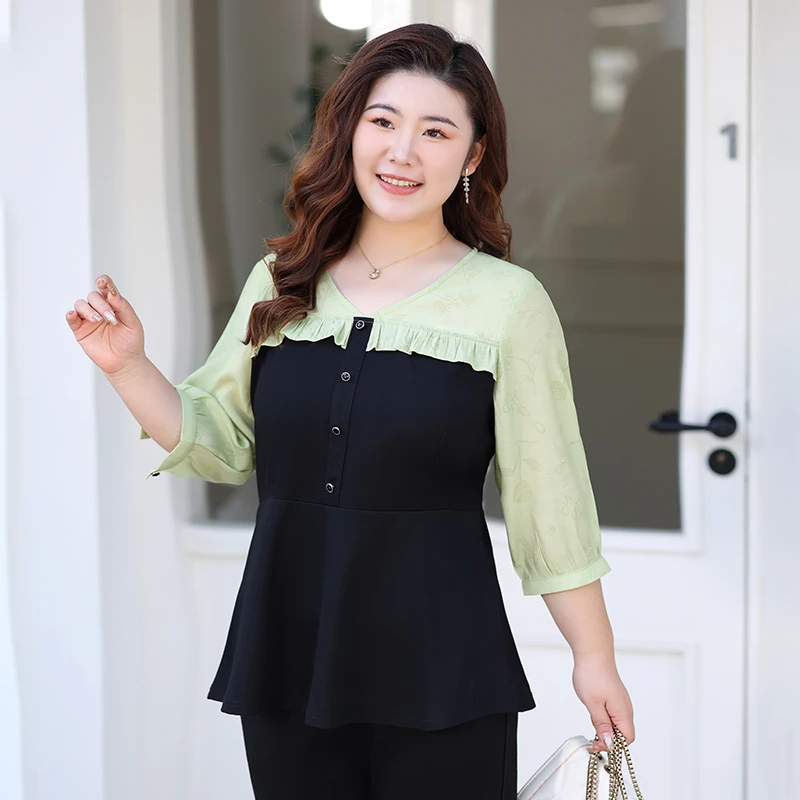 大码女装气质七分袖雪纺衬衫2025春夏新款胖mm遮肚子显瘦V领小衫