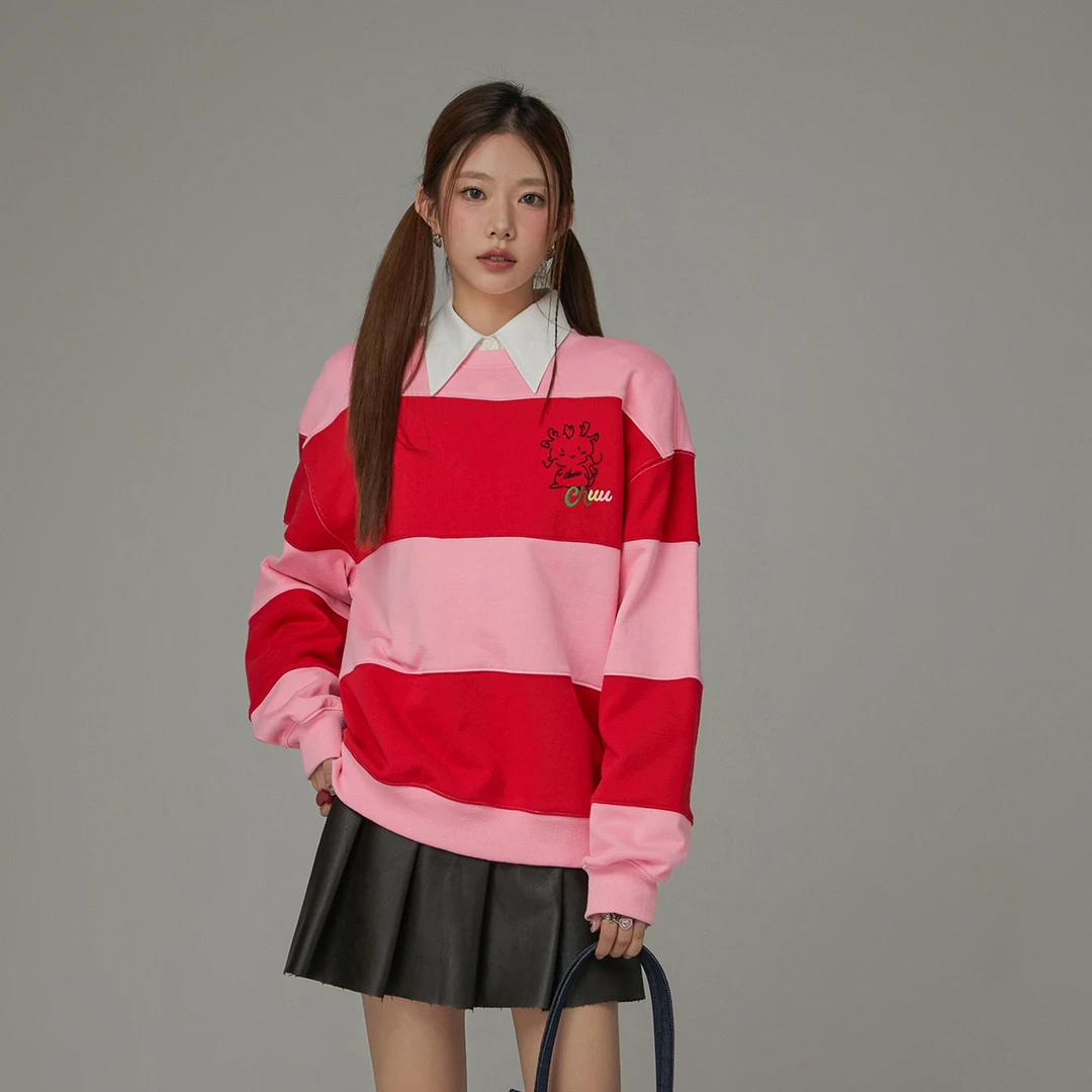 001J【云C专属】CHUU条纹圆领学院风撞色长袖宽松卫衣-F