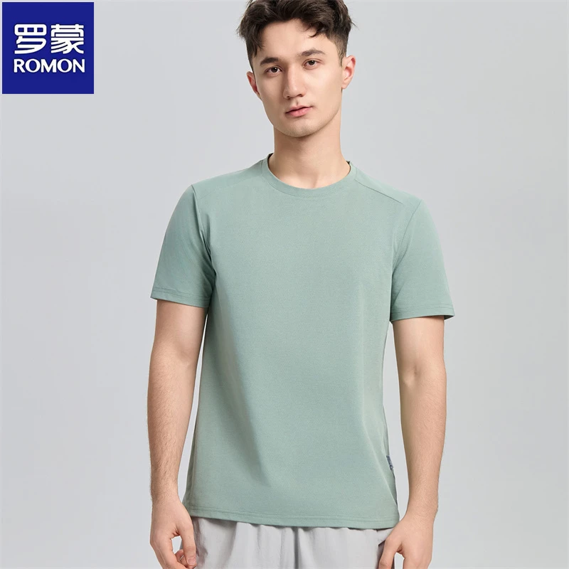 罗蒙夏季速干薄款圆领短袖T恤登山徒步男女同款弹力纯色半袖t恤