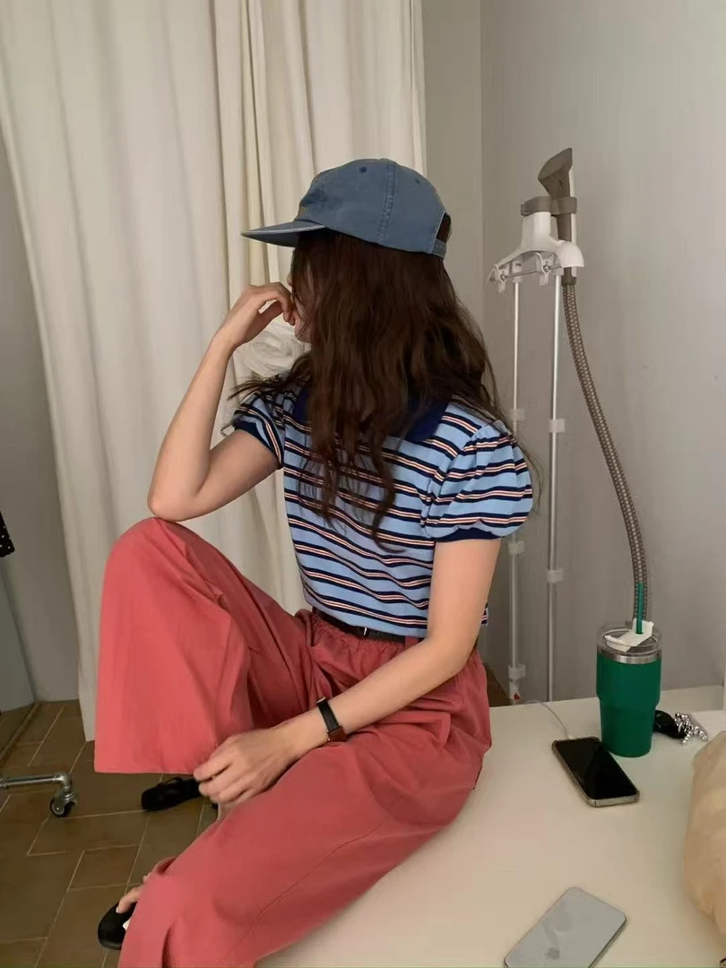 韩国东大门polo领条纹T恤No退换