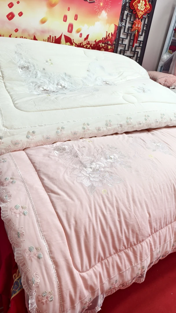 花影A类高档蕾丝刺绣子母被芯同芯被婚庆二合一双胎被被子黄一恒