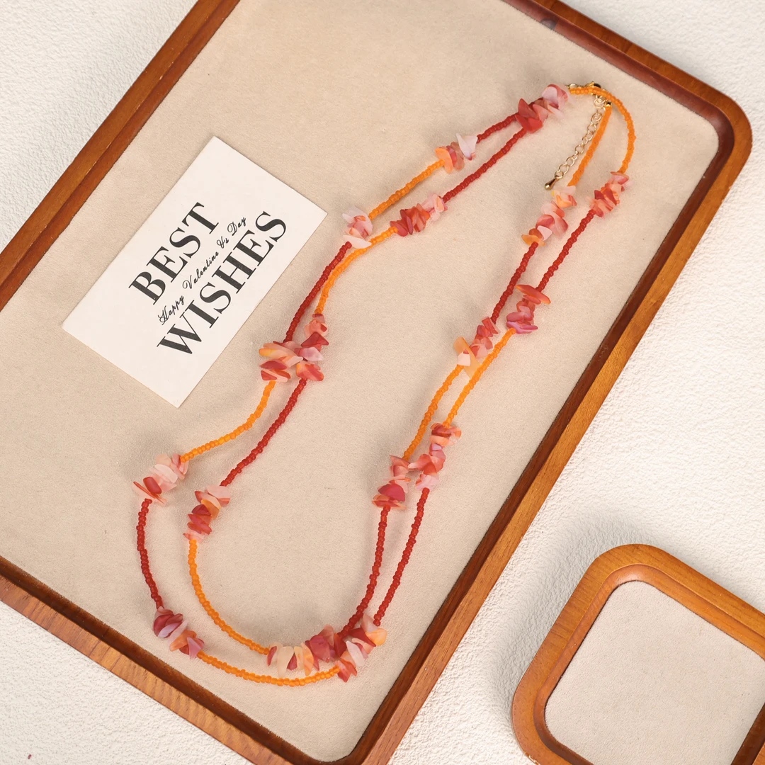 合金项链 LZ5315橙红色红黄不规则小米珠琉璃长链