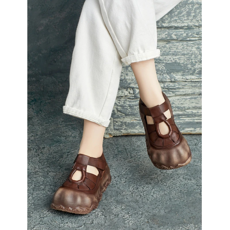 2025春季新款帅气真皮英伦风手工厚底坡跟魔术贴单鞋