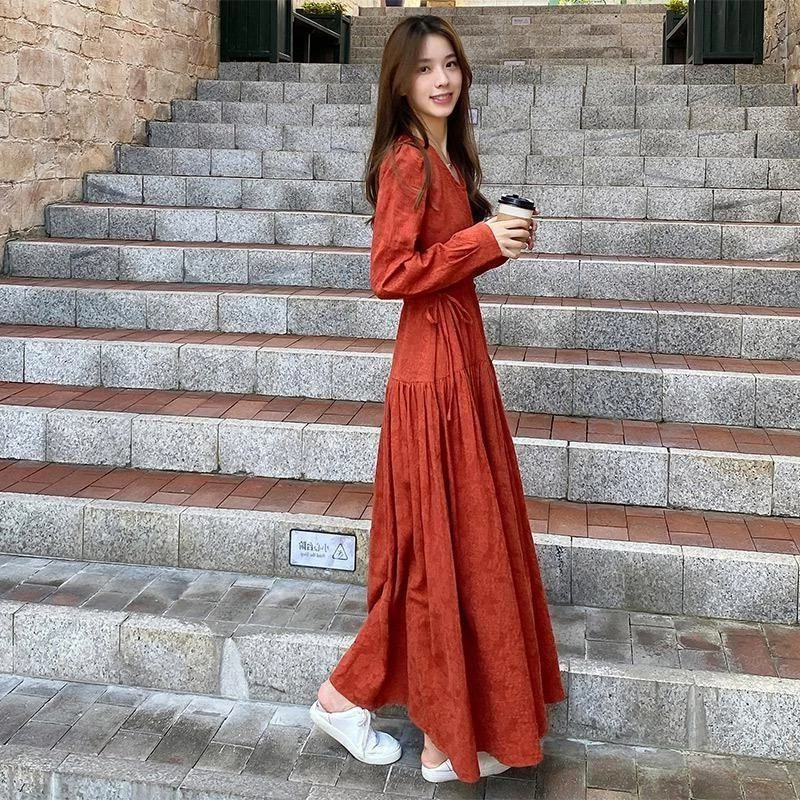 2025年新款高个子春秋超长款连衣裙女脚踝气质大码女装拖地长裙子