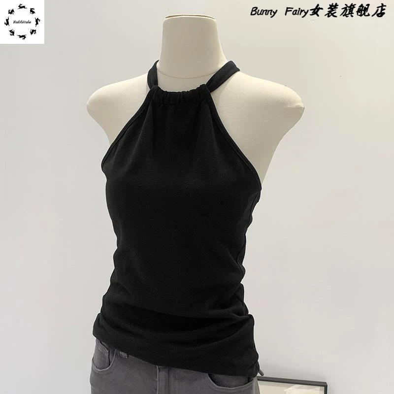 辣妹海边音乐节穿搭黑色挂脖系带吊带背心女夏季2025新款外穿上衣