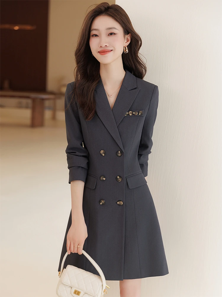 灰色西装连衣裙女春秋长袖双排扣高端职业正式场合气质工作服裙子