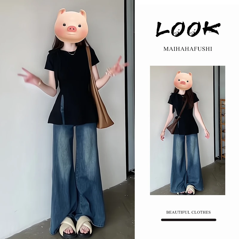 夏季一整套女装2025年新款韩版显瘦气质短袖T恤阔腿牛仔裤两件套