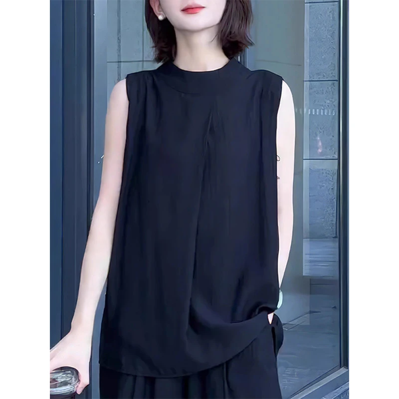 2025夏季新款简约黑色无袖衬衫设计感时尚洋气减龄显瘦气质上衣女