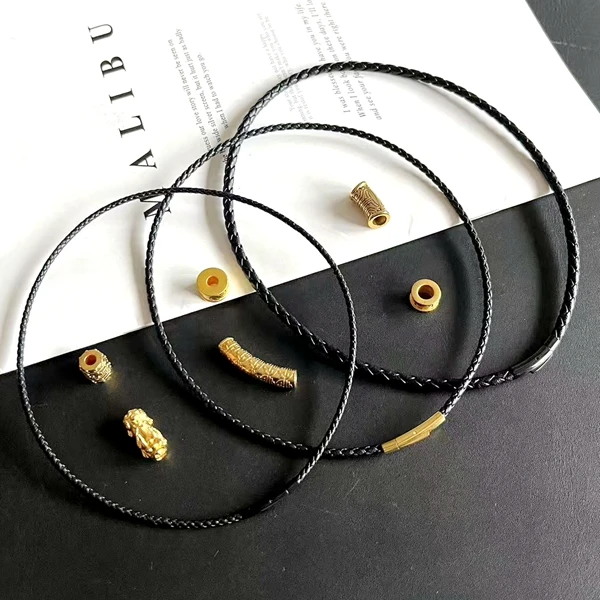 钛钢皮质项链 真皮横穿转运珠吊坠绳心经项链绳饕餮弯管吊坠挂绳