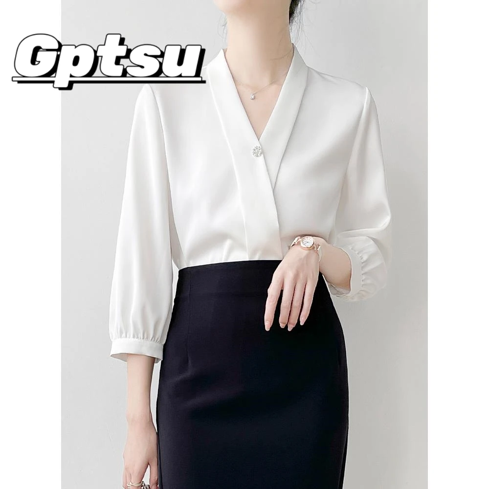 GPTSu柔光缎面白色衬衫女夏通勤职业面试衬衣气质七分袖V领上衣
