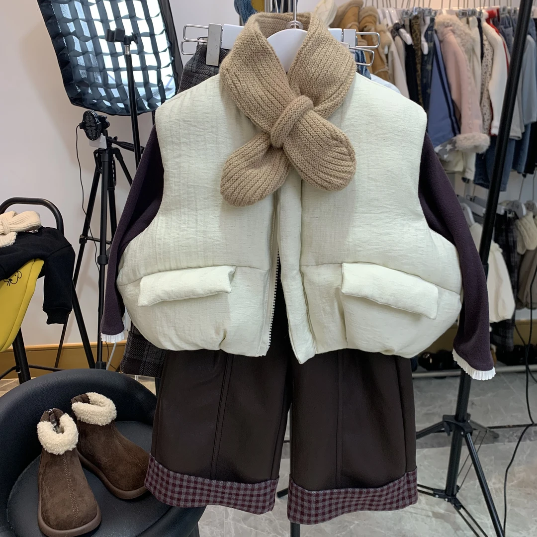 女童棉服马甲儿童棉袄冬季2025新款女孩保暖洋气加厚浅灰色套装