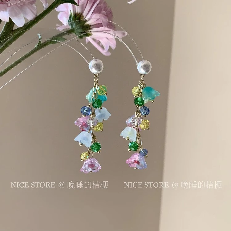 合金耳饰 晚睡的桔梗「风渡兰」彩虹铃兰花朵耳环长款度假风耳饰