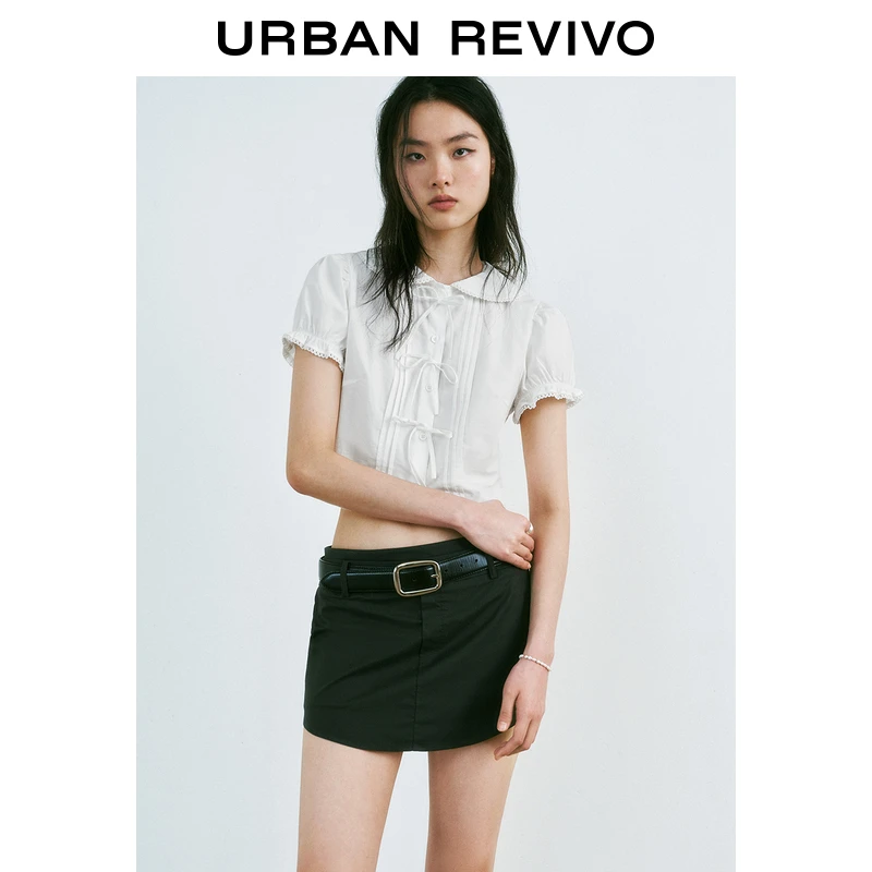 UR2025秋季新款女拼接花边蝴蝶结系带短袖开襟衬衫UYY250019