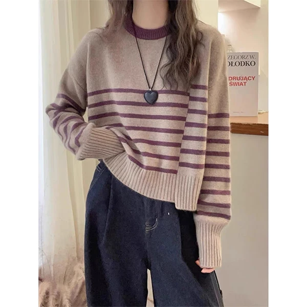 【简约条纹拼色】早秋新款针织衫宽松休闲时尚百搭针织衫